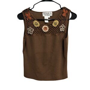 Joseph A. Womens Brown Crochet Floral Sleeveless Top Size Large Boho Naturecore